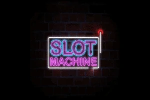 Neonskylt med texten Slot Machine mot en mörk tegelvägg