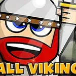 Tecknad viking med röd skägg, hjälm och sköld, mot en bakgrund av stenar med texten Small Viking i gula bokstäver