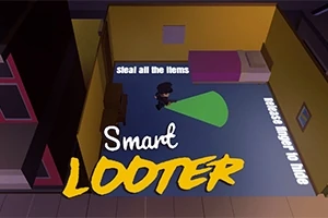 En tecknad figur rör sig genom ett rum med grönt ljus på golvet och texten Smart LOOTER i förgrunden