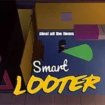 En tecknad figur rör sig genom ett rum med grönt ljus på golvet och texten Smart LOOTER i förgrunden