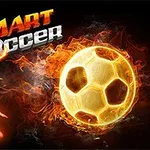 En gnistrande fotboll med eld och en silhuett av en fotbollsspelare i rörelse bredvid texten Smart Soccer