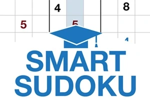Texten Smart Sudoku i blått med en blå akademisk mössa ovanpå, framför en sudokuruta med siffrorna 4, 5 och 8