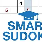 Texten Smart Sudoku i blått med en blå akademisk mössa ovanpå, framför en sudokuruta med siffrorna 4, 5 och 8