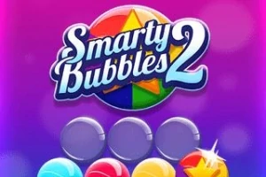 Färgglada bubblor mot en lila bakgrund med en cirkel innehållande en stjärna i regnbågsfärger och texten Smarty Bubbles 2