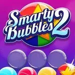 Färgglada bubblor mot en lila bakgrund med en cirkel innehållande en stjärna i regnbågsfärger och texten Smarty Bubbles 2