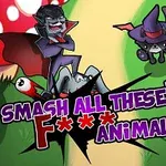 Tecknad bild med en elak vampyrfigur och en katt i trollkarlshatt över svampar, med texten Smash All These F*** Animals!