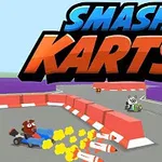 Tecknade djur kör gokarts på en racerbana med flygande projektiler och texten SMASH KARTS ovanför