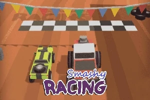 Två stiliserade bilar vid en startlinje på ett race med färgglada vimplar ovanför