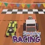 Två stiliserade bilar vid en startlinje på ett race med färgglada vimplar ovanför