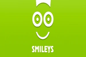 En grön bakgrund med en stiliserad glad smiley och texten SMILEYS under