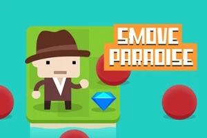 En tecknad figur med hatt står på en grön ruta bredvid en blå diamant, omgiven av röda bollar med texten SMOVE PARADISE