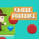En tecknad figur med hatt står på en grön ruta bredvid en blå diamant, omgiven av röda bollar med texten SMOVE PARADISE