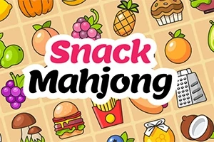 Illustration av olika färgglada snacks och frukter med texten Snack Mahjong i mitten
