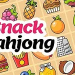 Illustration av olika färgglada snacks och frukter med texten Snack Mahjong i mitten