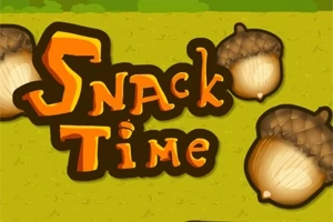 Texten Snack Time i tecknad stil med ekollon mot en grön bakgrund