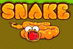 Tecknad orange orm med stora ögon och röd mun framför texten SNAKE i orange bokstäver på en grön och brun bakgrund