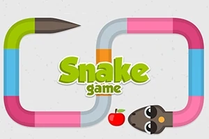 Färgglad orm med texten Snake Game i mitten och ett litet rött äpple nedanför