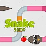 Färgglad orm med texten Snake Game i mitten och ett litet rött äpple nedanför