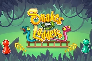 Färgglada ormar och en stege med texten Snakes and Ladders omgiven av löv och spelpjäser i rött och grönt