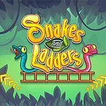 Färgglada ormar och en stege med texten Snakes and Ladders omgiven av löv och spelpjäser i rött och grönt
