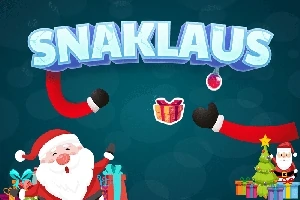 Tomte med säck full av presenter, två händer som sträcker sig mot en julklapp och en dekorerad julgran mot en blå bakgrund med texten Snaklaus överst