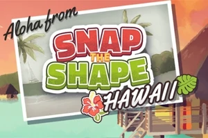 Vykortsinspirerat motiv med texten Aloha from Snap the Shape Hawaii, palmträd och en strandstuga i bakgrunden
