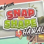Vykortsinspirerat motiv med texten Aloha from Snap the Shape Hawaii, palmträd och en strandstuga i bakgrunden