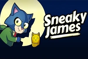 En tecknad kattfigur i en grön jacka smyger bredvid en guldig kattstaty på en blå bakgrund med texten Sneaky James