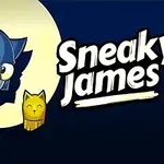 En tecknad kattfigur i en grön jacka smyger bredvid en guldig kattstaty på en blå bakgrund med texten Sneaky James