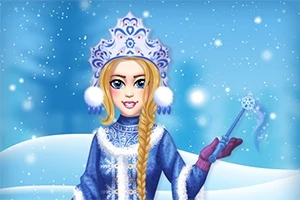 En animerad flicka i en blå vinterdräkt med en isstav i handen, omgiven av snöflingor