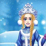 En animerad flicka i en blå vinterdräkt med en isstav i handen, omgiven av snöflingor