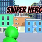 Grön figur med gevär siktar mot byggnader i en stadsmiljö med texten Sniper Hero ovanför
