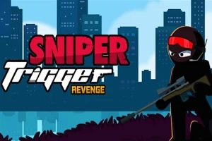 En tecknad figur i mörk dräkt med gevär sitter framför en stadssilhuett med titeln Sniper Trigger Revenge i bakgrunden
