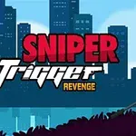 En tecknad figur i mörk dräkt med gevär sitter framför en stadssilhuett med titeln Sniper Trigger Revenge i bakgrunden