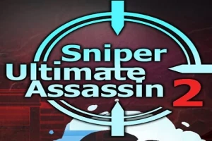 Siktlinjer och texten Sniper Ultimate Assassin 2 i blått med en röd bakgrund