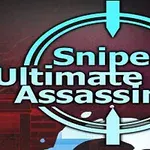 Siktlinjer och texten Sniper Ultimate Assassin 2 i blått med en röd bakgrund