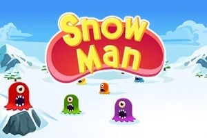 Färgglada fantasifigurer på vintrigt snölandskap med texten Snow Man ovanför