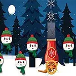 Snögubbar med gröna halsdukar och röda mössor står framför en snötäckt skog under en stjärnklar natt med en röd kanon framför dem