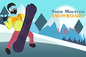 Snöklädd tecknad snowboardåkare i färgglada kläder med berg i bakgrunden och texten Snow Mountain Snowboard 100%