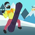 Snöklädd tecknad snowboardåkare i färgglada kläder med berg i bakgrunden och texten Snow Mountain Snowboard 100%
