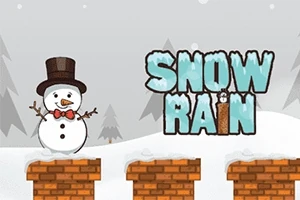 En snögubbe med svart hatt och röd halsduk står på en tegelplattform, med texten SNOW RAIN bredvid, i en snöig bakgrund