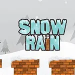 En snögubbe med svart hatt och röd halsduk står på en tegelplattform, med texten SNOW RAIN bredvid, i en snöig bakgrund