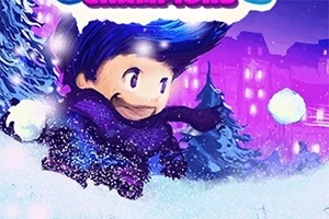 Tecknad figur med blått hår och halsduk kastar en snöboll i ett vintrigt landskap med snötäckta träd och byggnader i bakgrunden