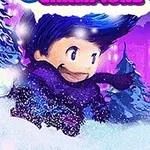 Tecknad figur med blått hår och halsduk kastar en snöboll i ett vintrigt landskap med snötäckta träd och byggnader i bakgrunden