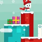 En tecknad figur med röd halsduk och mössa står på snötäckta plattformar med julklappar i bakgrunden, omgiven av snöflingor