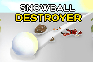 Stor snöboll rullar nerför en backe med en sönderbruten snögubbe och vrakdelar runt omkring