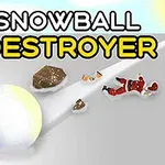 Stor snöboll rullar nerför en backe med en sönderbruten snögubbe och vrakdelar runt omkring