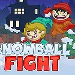 Tecknad bild av två barn som kastar snöbollar bredvid en snögubbe, med en snötäckt stad i bakgrunden och texten Snowball Fight