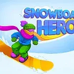Tecknad person på snowboard i färgglada kläder, omgiven av snö och granar