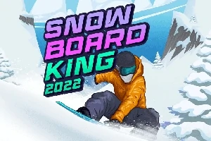 Snöklädd snowboardåkare i orange jacka med snötäckta berg i bakgrunden
